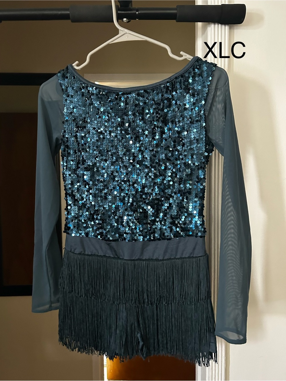 Weissman Teal Sequin Fringe Tap/Jazz Costume w/attached biketard briefs